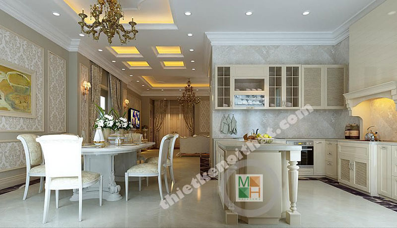Thiết kế nội thất phòng ăn liền bếp tân cổ điển sang trọng, tiện nghi thiết kế biệt thự