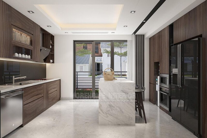 Sắp xếp phòng bếp hiện đại ấn tượng với gỗ laminate cao cấp. thiết kế biệt thự