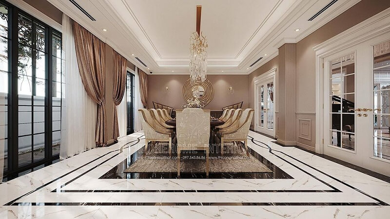 Thiết kế phòng ăn biệt thự sang trọng với bộ bàn ăn tân cổ điển tạo điểm nhấn nổi bật, cuốn hút mọi ánh nhìn thiết kế biệt thự
