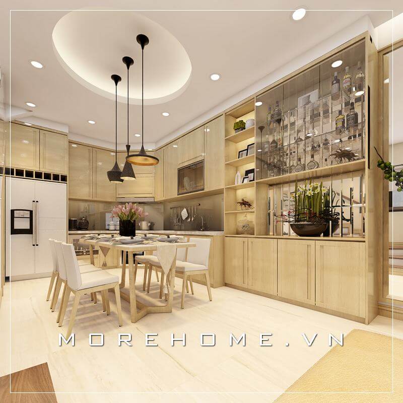 Thiết kế nội thất phòng bếp sử dụng gam màu vàng kem hiện đại mang đến không gian thoáng mát và ấn tượng Thiết kế biệt thự