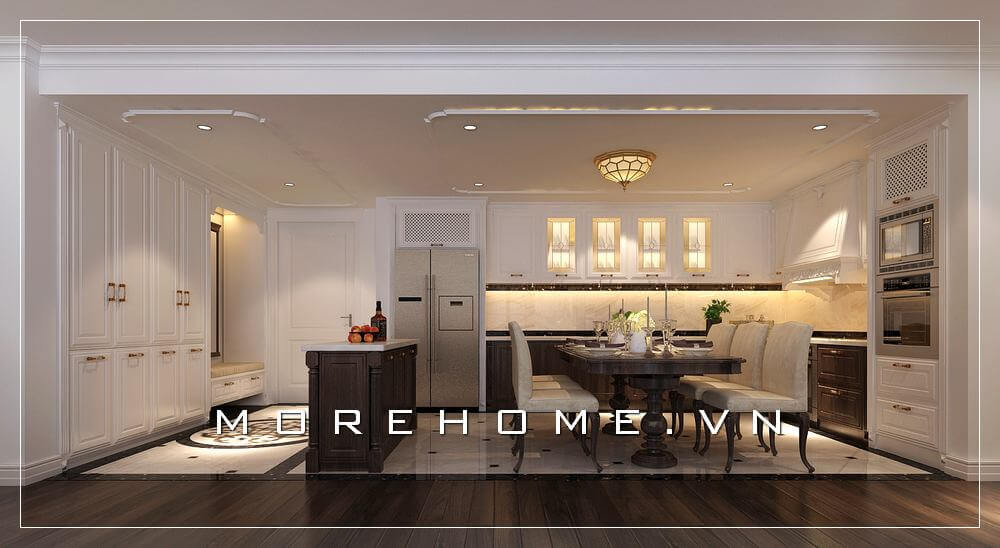 Thiết kế nội thất phòng ăn liền bếp tân cổ điển sang trọng cho nhà biệt thự