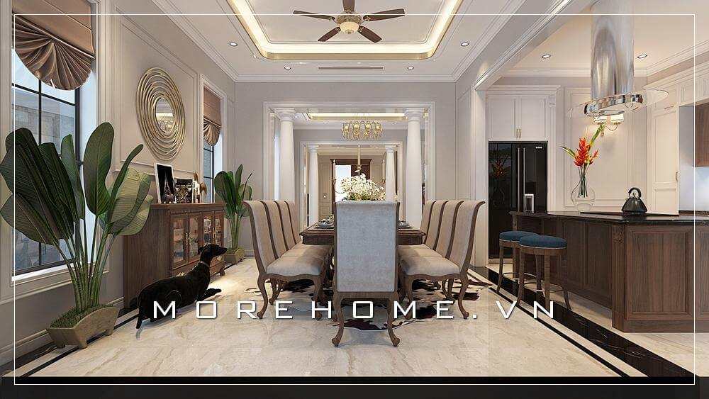 Thiết kế nội thất phòng ăn biệt thự sang trọng, các vật dụng trang trí ấn tượng giúp không gian phòng đẳng cấp hơn