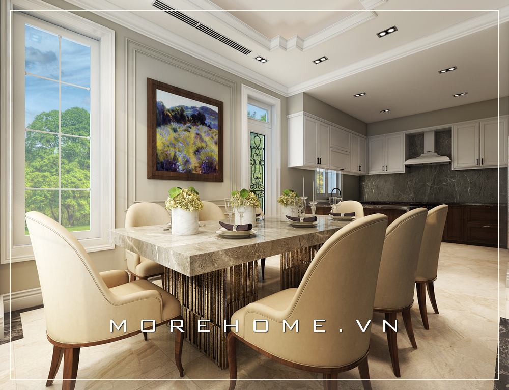 Thiết kế nội thất phòng ăn chung cư theo phong cách hiện đại, tạo điểm nhấn ấn tượng với cách trang trí tranh và cây cối tạo nên không gian thoáng mát và sang trọng