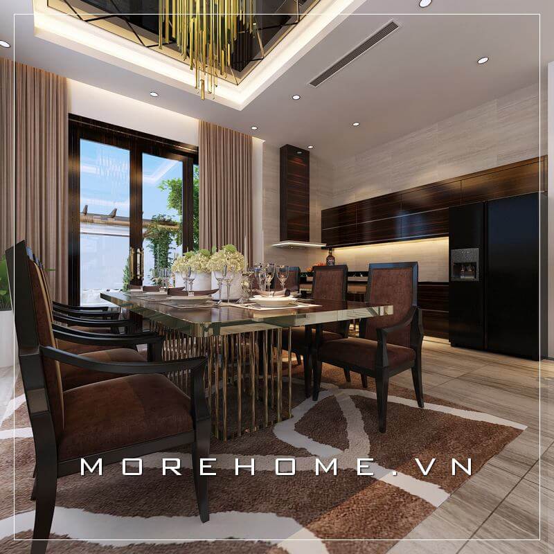 Thiết kế không gian phòng ăn biệt thự sang trọng với nội thất gỗ tự nhiên cao cấp tạo nên sự ấm cúng và đẳng cấp của ngôi nhà Thiết kế biệt thự