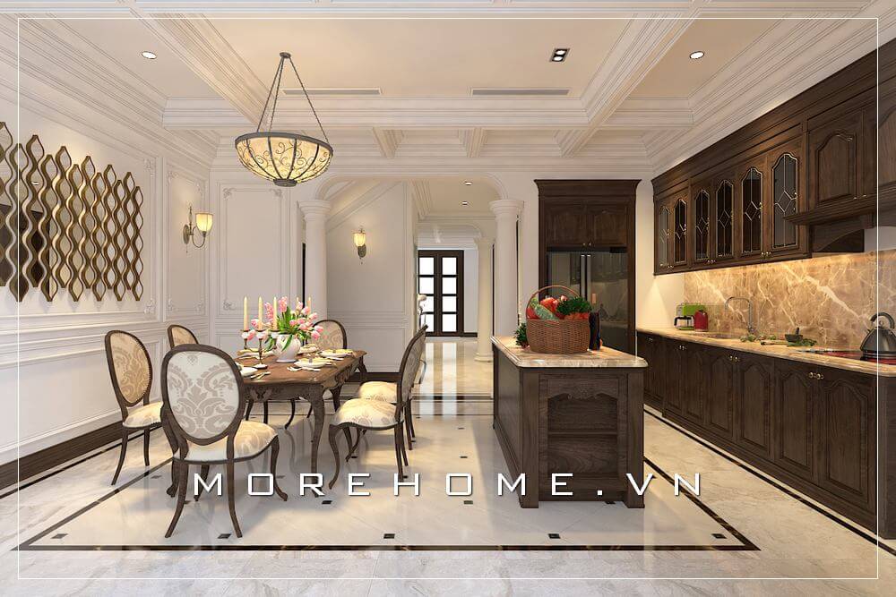 Thiết kế nội thất phòng bếp gỗ tự nhiên cao cấp với tone màu nâu trầm mang đến cảm giác ấm cúng và sang trọng Thiết kế biệt thự