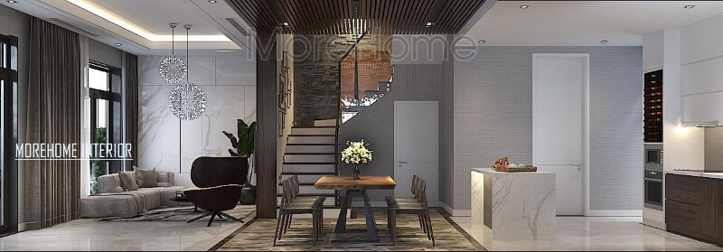 Thiết kế phòng khách, bếp ăn hiện đại độc lập nhưng không sử dụng rèm che giúp không gian trở nên thông thoáng, rộng rãi. Thiết kế biệt thự