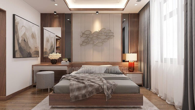 Nếu bạn đang tham khảo mẫu phòng ngủ nam tính đẹp, sang trọng thì ý tưởng thiết kế nội thất phòng ngủ sử dụng chất liệu gỗ óc chó Nam Cường cùng cách trang trí đẹp, khoa học từ giường, tab, tấm ốp đầu giường sẽ là gợi ý độc đáo. Thiết kế biệt thự