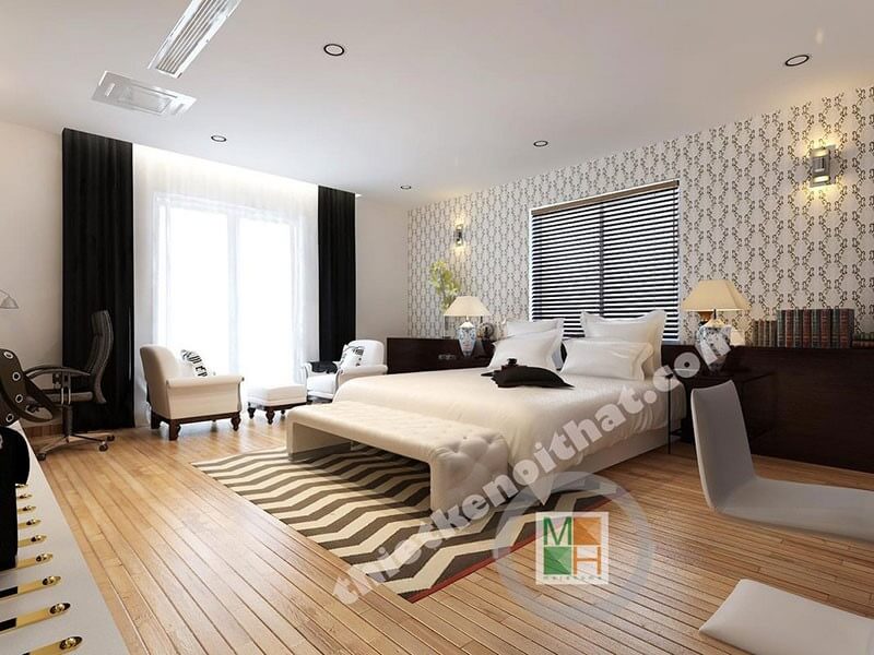 Thiết kế phòng ngủ với nội thất tone màu trắng cao cấp mang lại sự gần gủi, ấm áp nhưng không kém phần sang trọng Thiết kế biệt thự