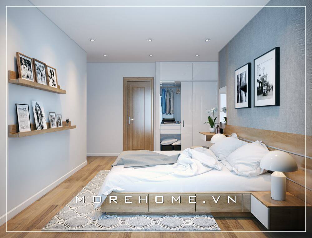 Nội thất phòng ngủ nhà phố hiện đại, chiếc giường ngủ gỗ công nghiệp tích hợp ngăn kéo phía dưới giúp gia chủ thuận tiện hơn trong việc lưu trữ đồ dùng cá nhân của mình Thiết kế biệt thự