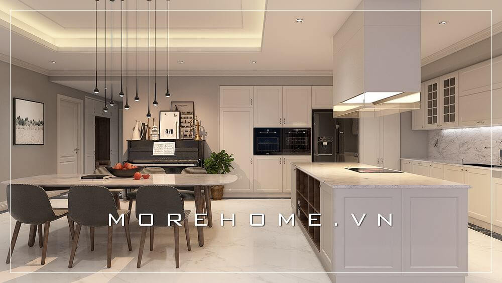 Thiết kế nội thất phòng bếp sử dụng tone màu trắng tinh tế, hiện đại và sang trọng Thiết kế biệt thự