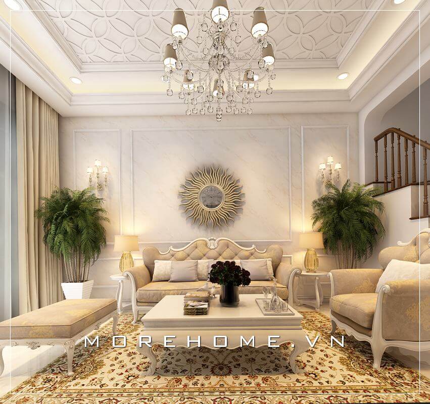 Thiết kế nội thất phòng khách biệt thự gỗ tự nhiên phong cách tân cổ điển sang trọng và đẳng cấp hoàng gia Thiết kế biệt thự