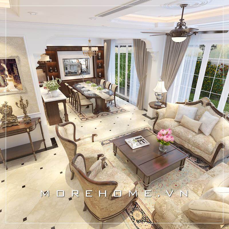 Thiết kế nội thất phòng bếp gỗ tự nhiên cao cấp với tone màu nâu trầm mang đến cảm giác ấm cúng và sang trọng Thiết kế biệt thự
