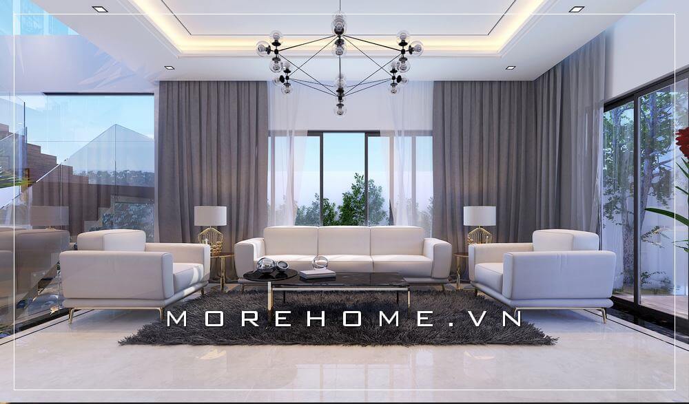 Sofa góc hiện đại màu trắng tạo vẻ đẹp nổi bật ấn tượng cho phòng khách chung cư sang trọng. Thiết kế biệt thự