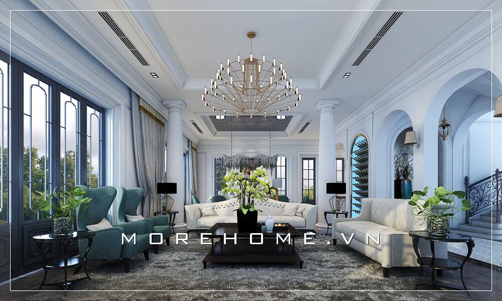 Mẫu thiết kế phòng khách biệt thự cao cấp nội thất tân cổ điển với đường nét tinh tế mang vẻ đẹp sang trọng đẳng cấp Thiết kế biệt thự