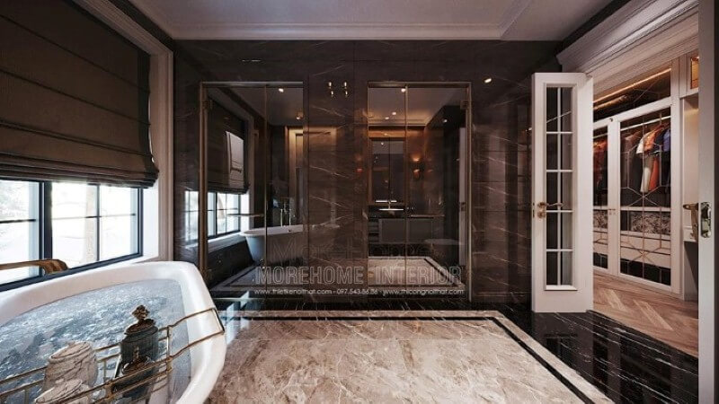 Bố trí nội thất phòng tắm có bồn đẹp, sang trọng. Thiết kế nội thất