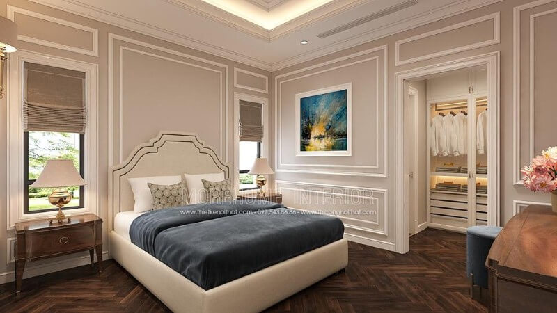 Trang trí nội thất phòng ngủ tân cổ điển có tủ quần áo đẹp, sang trọng. Thiết kế nội thất