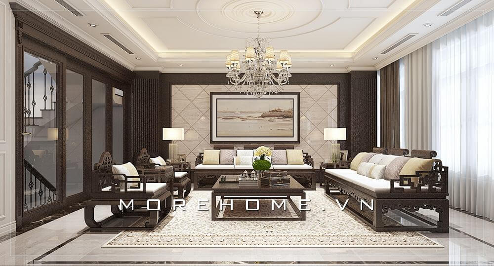 Thiết kế phòng tiếp khách sang trọng cho biệt thự cao cấp phong cách gỗ việt tân cổ điển thể hiện đẳng cấp cho gia chủ Thiết kế nội thất