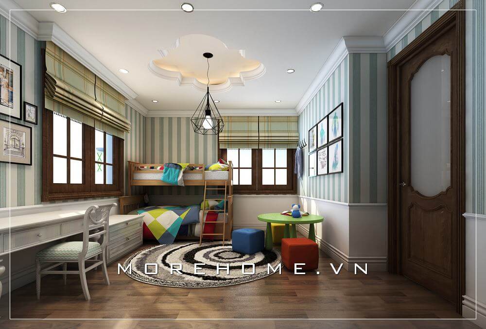 Thiết kế phòng ngủ trẻ em đầy ấn tượng với các trang trí đồ vật nhiều màu sắc mang lại cảm giác sinh độc, độc đáo cho trí tưởng tượng của con tốt hơn. Thiết kế nội thất