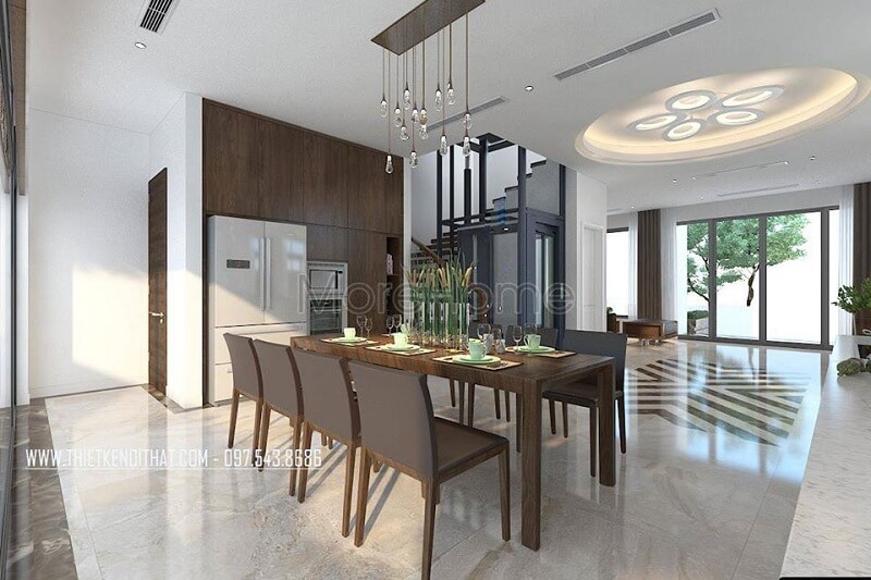 Thiết kế phòng ăn biệt thự đẹp với bộ bàn ăn 8 ghế gỗ tự nhiện đẹp tạo điểm nhấn nổi bật cho không gian Thiết kế biệt thự
