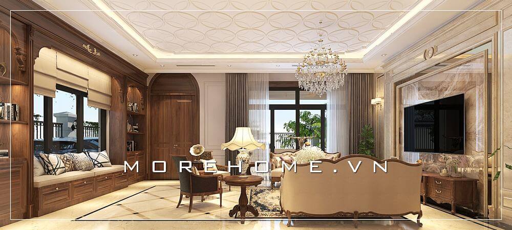Trang trí nội thất phòng khách biệt thự đẹp với đồ nội thất gỗ tự nhiên phong cách tân cổ điển sang trọng, xu hướng được nhiều khách hàng lựa chọn cho trang trí nhà. Thiết kế biệt thự