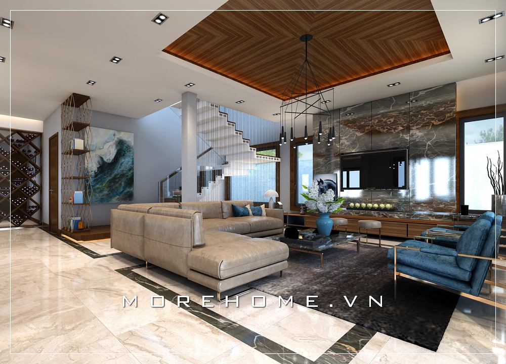 Đá ốp tường trang trí phòng khách sắc trầm kết hợp cùng các chất liệu ánh kim đã tạo nên một không gian sống đẳng cấp, sang trọng cho biệt thự. Thiết kế biệt thự