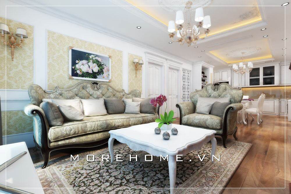 Bố trí nội thất phòng khách tân cổ điển sang trọng, đường nét hoa văn chạm khắc tinh tế tạo nên không gian căn phòng Thiết kế biệt thự