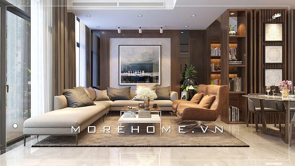 Ý tưởng hiện đại kết hợp đồ decor trang trí như tranh in nghệ thuật sẽ luôn là điểm sáng tạo giúp không gian phòng khách trở nên độc đáo, thu hút. Thiết kế biệt thự