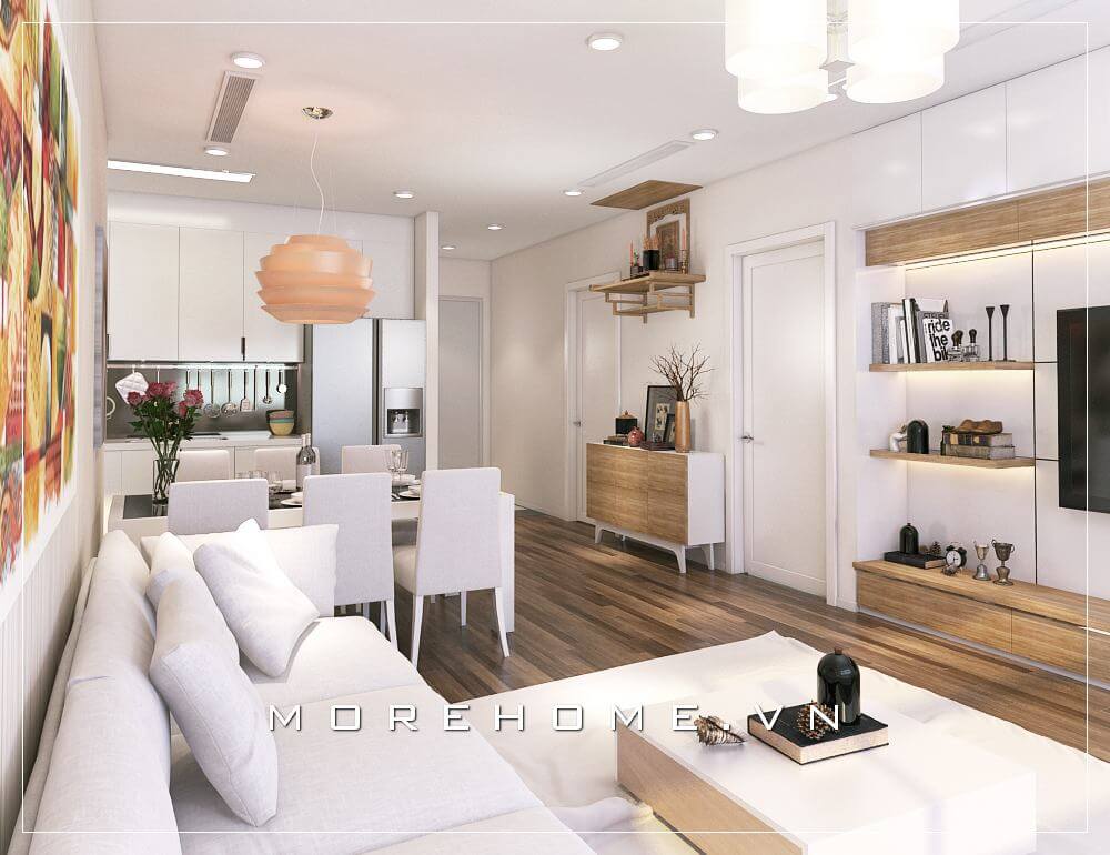 Sắc trắng nổi bật với cách kết hợp tạo nên tone màu chủ đạo cho phòng khách cũng như toàn bộ căn hộ đã tạo nên bức tranh thanh lịch nhẹ nhàng nhưng tinh tế. Thiết kế biệt thự