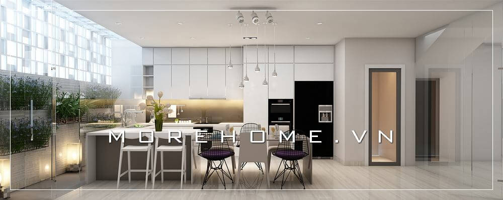 Thiết kế nội thất phòng bếp biệt thự hiện đại, lựa chọn tone màu trắng chủ đạo tạo nên sự tinh tế và thoáng mát cho không gian ngôi nhà Thiết kế biệt thự