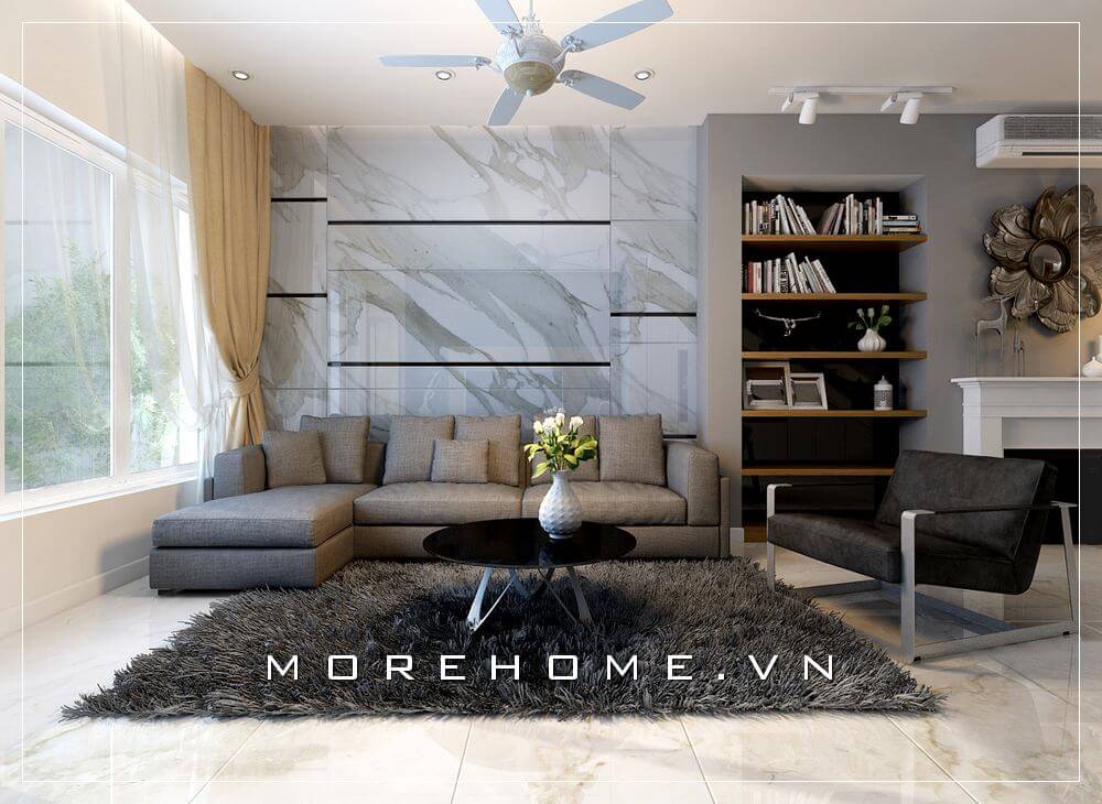 Mẫu bố trí nội thất phòng khách biệt thự cao cấp phong cách hiện đại nhưng không kém phần sang trọng, ấm áp. Thiết kế biệt thự