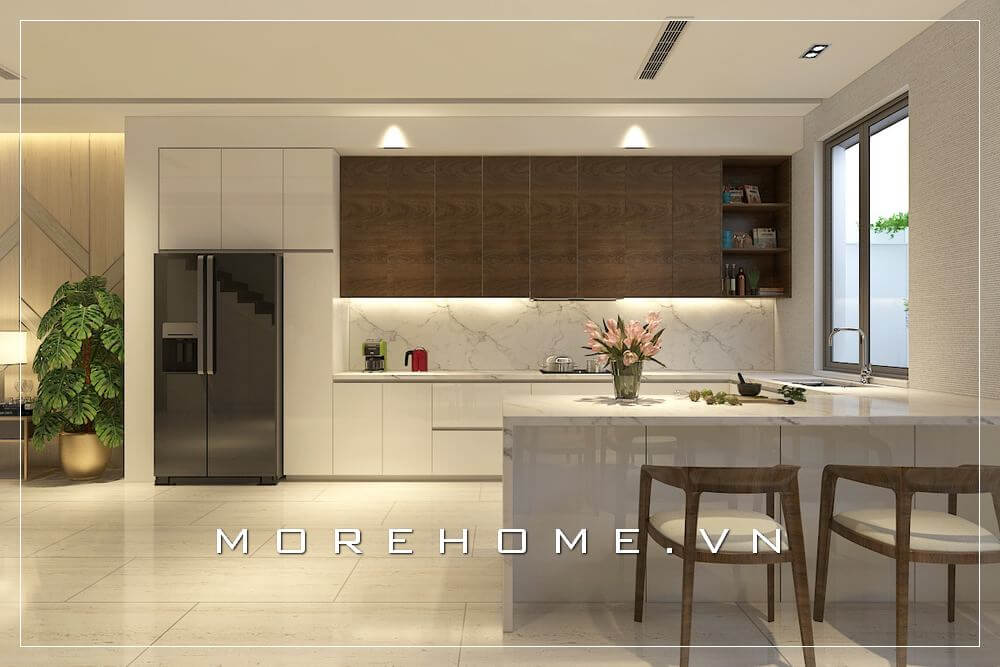Thiết kế nội thất phòng bếp hiện đại sử dụng tone màu nâu- trắng tạo điểm nhấn, hài hòa với không gian nhà biệt thự Thiết kế biệt thự