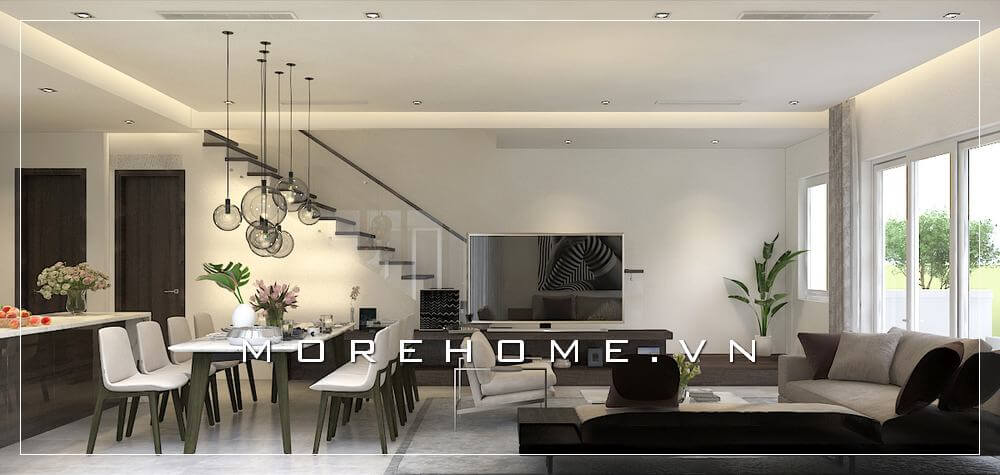 Thiết kế nội thất phòng khách liền bếp cho không gian sinh hoạt của nhà phố ngăn cách bởi bộ bàn ăn sẽ là giải pháp Thiết kế biệt thự
