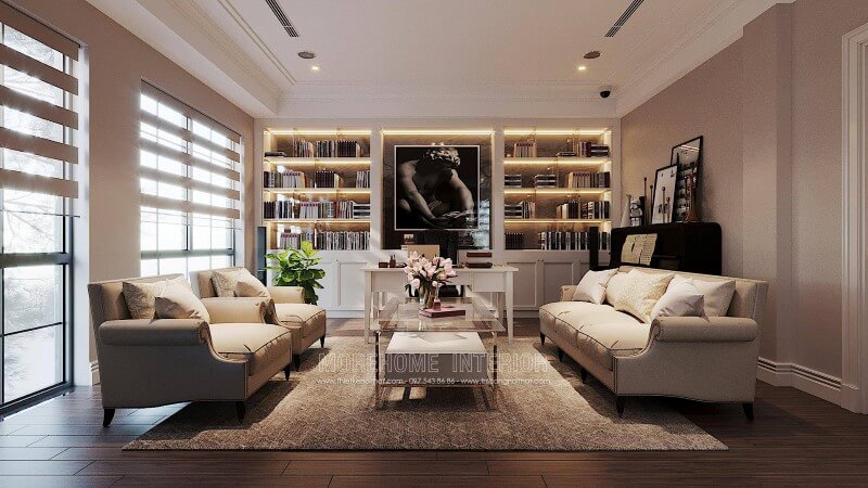 Mẫu sofa tân cổ điển bọc vải nhập khẩu cao cấp, nhẹ nhàng mà tinh tế cho phòng làm việc tại nhà của biệt thự ciputra tây hồ hà nội Mẫu nội thất biệt thự tân cổ điển đẹp
