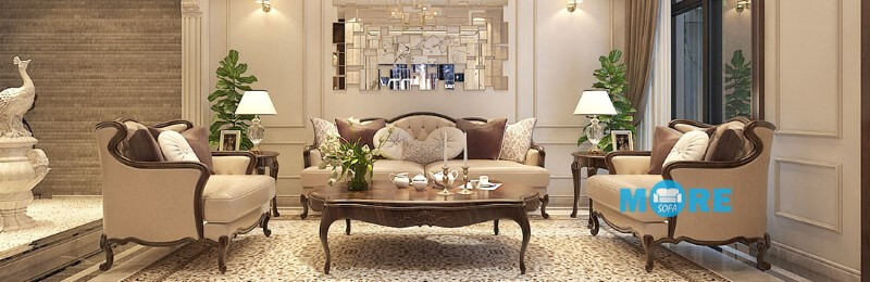 Sofa tân cổ điển MS-020 gỗ tự nhiên Óc chó, bọc da thật nhập khẩu cho chung cư, biệt thự sang trọng Mẫu nội thất biệt thự tân cổ điển đẹp