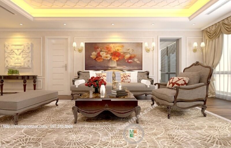 Bộ sofa phòng khách được tạo nên từ gỗ tự nhiên cao cấp với vân gỗ bắt mắt cùng màu nâu sậm đen rất đặc trưng. Mẫu nội thất biệt thự tân cổ điển đẹp