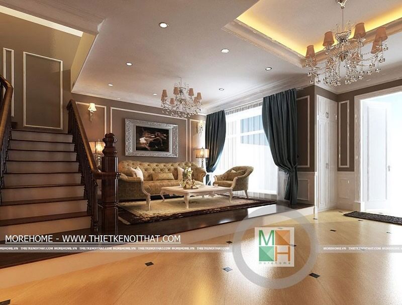 Mẫu sofa tân cổ điển màu nhũ vàng cùng điểm nhấn ở thành ghế tạo điểm sáng cho căn phòng Mẫu nội thất biệt thự tân cổ điển đẹp