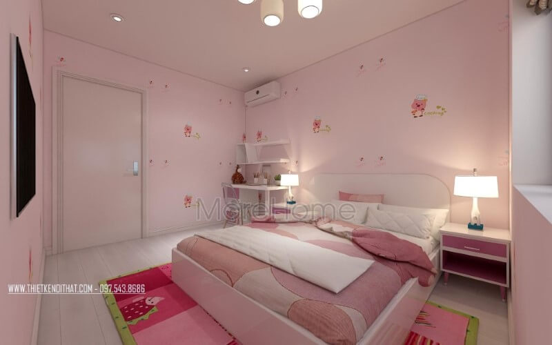 Trang trí nội thất phòng ngủ trẻ em đẹp, sinh động, đáng yêu với tone hồng nhẹ nhàng, cuốn hút. Thiết kế chung cư