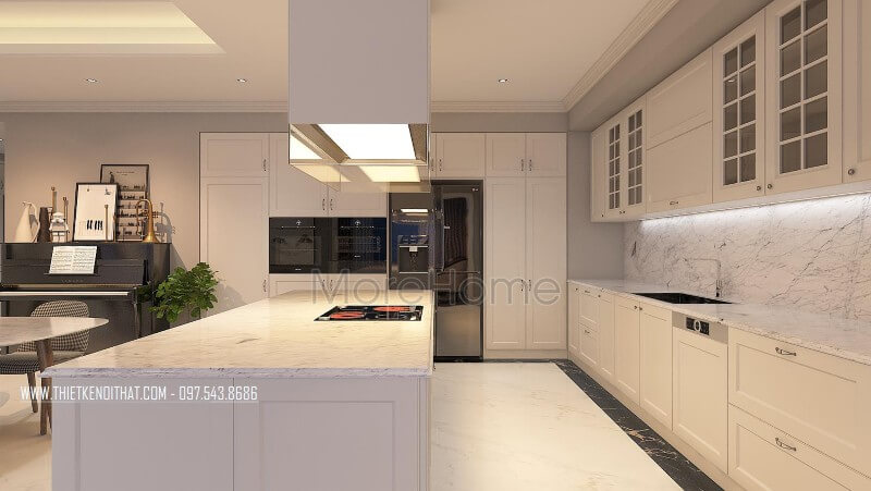 Phòng bếp được thiết kế sang trọng trong gam màu trắng tinh khôi với thiết bị bếp được lựa chọn mẫu thiết bị cao cấp nhất Thiết kế phòng bếp, tủ bếp đẹp