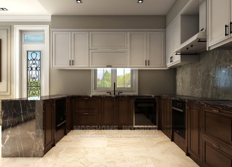 Sự dụng linh hoạt các vật liệu nhẹ, dễ lau chùi như đá, gỗ tự nhiên,… giúp tạo điểm nhấn không chỉ về tính thẩm mỹ và còn bởi sự tinh tế và tỉ mỉ trong thiết kế tủ bếp biệt thự Thiết kế phòng bếp, tủ bếp đẹp