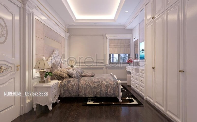 Tủ quần áo màu trắng được thiết kế nhiều ngăn, khoa học giúp cho gia chủ dễ dàng sử dụng và lưu trữ đồ đạc Mẫu thiết kế nội thất chung cư đẹp