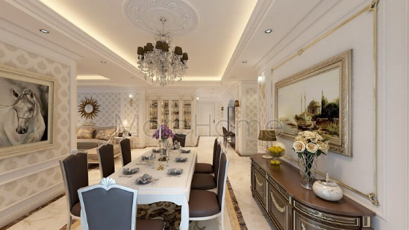 Mẫu bàn ghế ăn gỗ tự nhiên giúp cho gia chủ thuận tiện hơn trong quá trình dùng bữa cũng của mọi thành viên trong gia đình cũng như những buổi tiệc tiếp đãi khách tới chơi nhà Mẫu nội thất chung cư đẹp