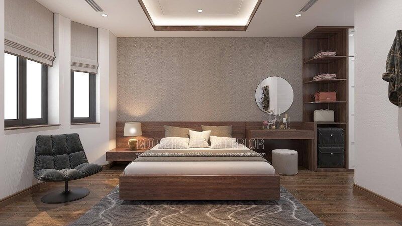 Bạn là người ưa thích phong cách hiện đại, sự đơn giản nhưng đẹp và sang, có thể gam màu nâu trầm cùng phối cảnh nhẹ nhàng sẽ là một gợi ý không nên bỏ qua trong không gian phòng ngủ của bạn. Bạn có thể tham khảo toàn cảnh bố trí nội thất tại website:thietkenoithat.com
