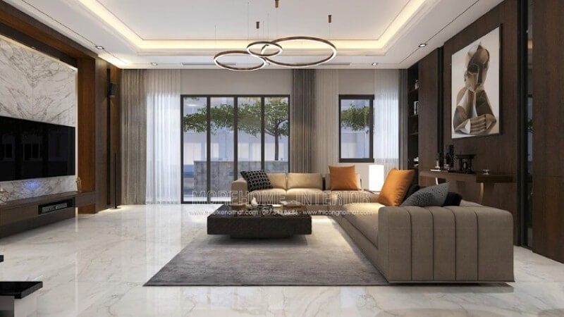 Mẫu trang trí nội thất phòng khách biệt thự cao cấp tại biệt thự Park city với ý tưởng sử dụng phong cách hiện đại nhưng mang lối sang trọng, ấm áp.