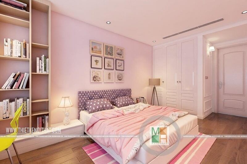 Thiết kế phòng ngủ chung cư hiện đại với tông màu hồng nữ tính được các bé gái rất yêu thích.