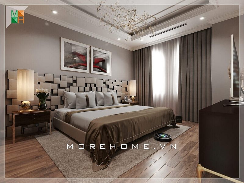 Mẫu giường ngủ khung gỗ, độc đáo với lối thiết kế lạ mắt đầu giường ngủ hiện đại tạo sự thu hút ánh nhìn.