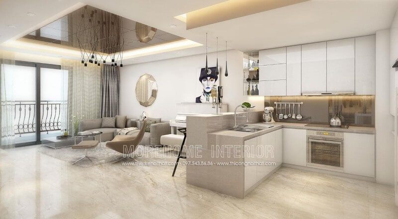 Ở căn hộ chung cư nhỏ này, KTS đã giới thiệu tói gia chủ mẫu tủ bếp gỗ Acrylic tận dụng được tối đa mọi góc khuất của căn phòng, tạo cảm giác thoáng đãng và rộng rãi hơn