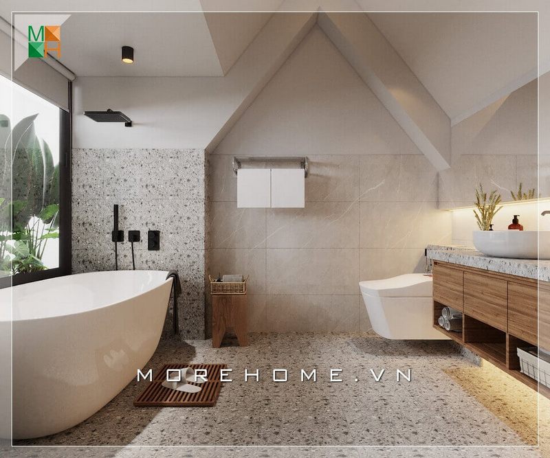 Mẫu đá ốp tường cùng tone với mẫu đá lát sàn nhà tắm rất hiện đại và tiện nghi.