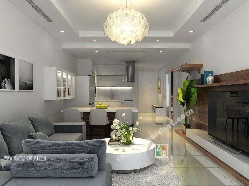 Mẫu thiết kế phòng khách hiện đại cho chung cư diện tích nhỏ với đồ nội thất hiện đại, tiện lợi.