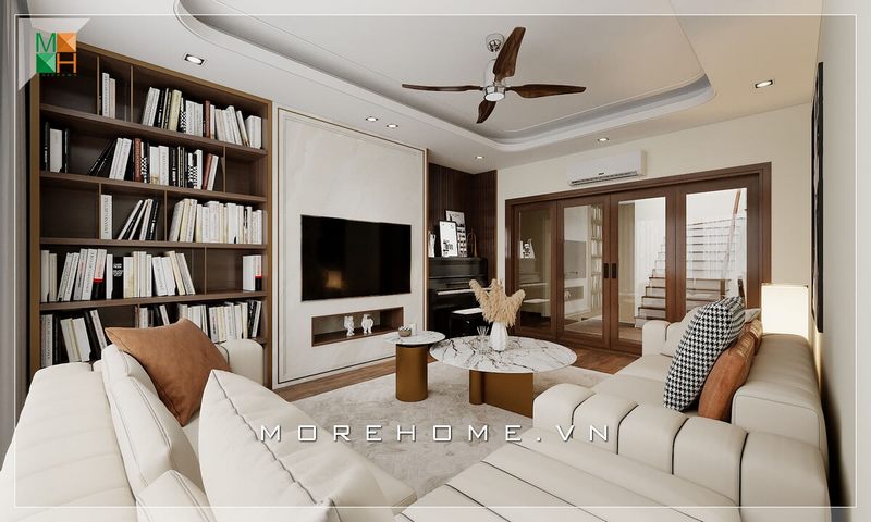 Nhờ vào việc chọn lựa mẫu cửa, sắc trắng phù hợp phù hợp đã tạo ra không gian phòng khách hiện đại trở nên tiện nghi và đẳng cấp hơn.