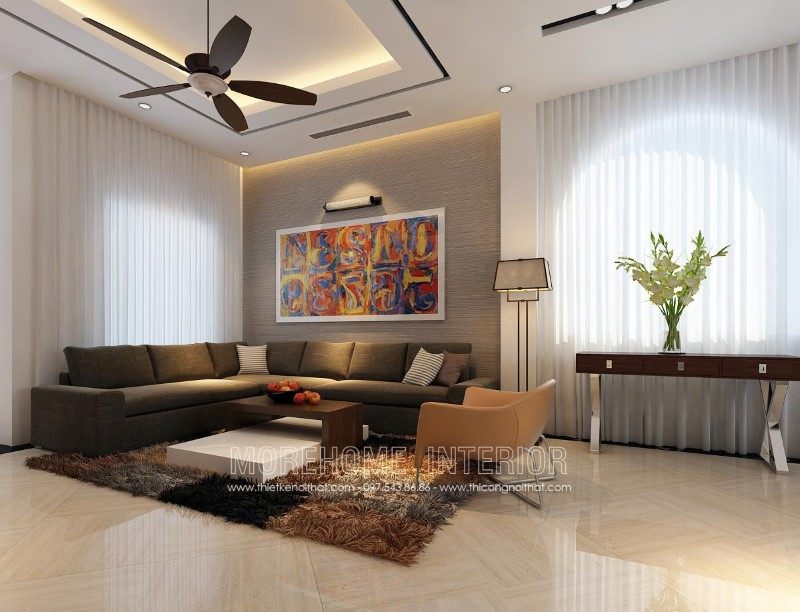 Sofa L hiện đại bọc nỉ màu ghi đậm sang trọng cho phòng khách nhà phố